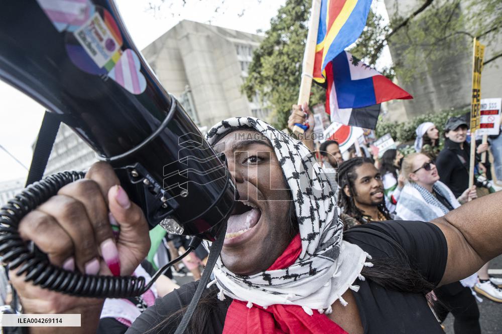 Pro-Palestinian protestors march from the National Gallery to ICE Headquarters in Washington, DC, on Saturday April 5, 2025. Thi