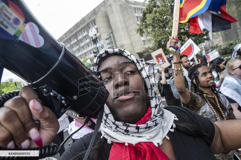Pro-Palestinian protestors march from the National Gallery to ICE Headquarters in Washington, DC, on Saturday April 5, 2025. Thi