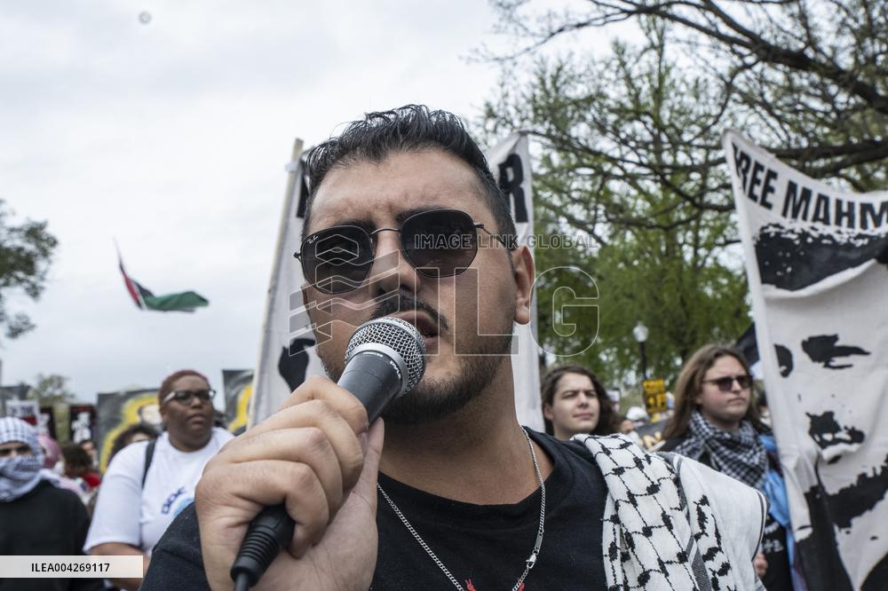 Pro-Palestinian protestors march from the National Gallery to ICE Headquarters in Washington, DC, on Saturday April 5, 2025. Thi