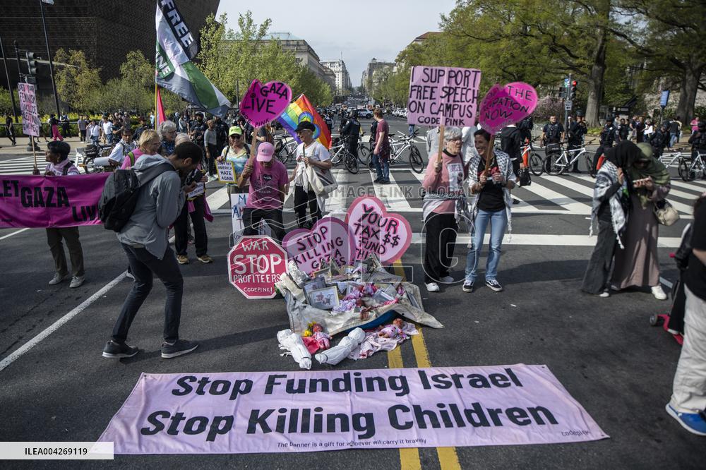 Pro-Palestinian protestors march from the National Gallery to ICE Headquarters in Washington, DC, on Saturday April 5, 2025. Thi