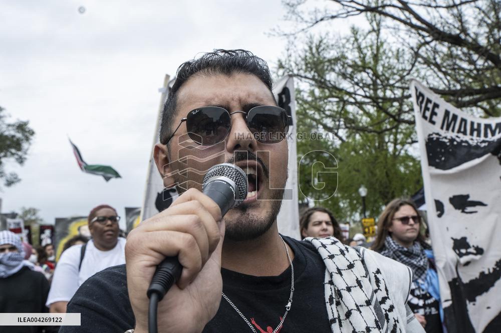 Pro-Palestinian protestors march from the National Gallery to ICE Headquarters in Washington, DC, on Saturday April 5, 2025. Thi