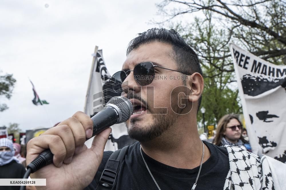 Pro-Palestinian protestors march from the National Gallery to ICE Headquarters in Washington, DC, on Saturday April 5, 2025. Thi