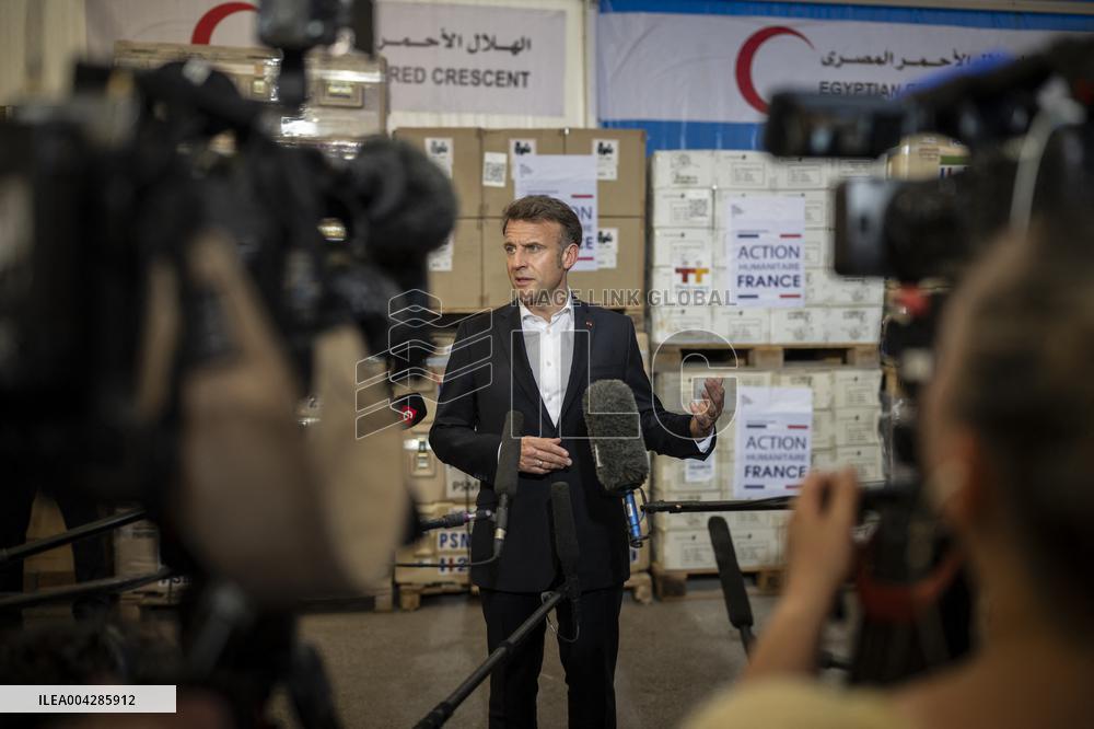 Macron talks to the media during a visit at Egyptian Red Crescent - Egypt