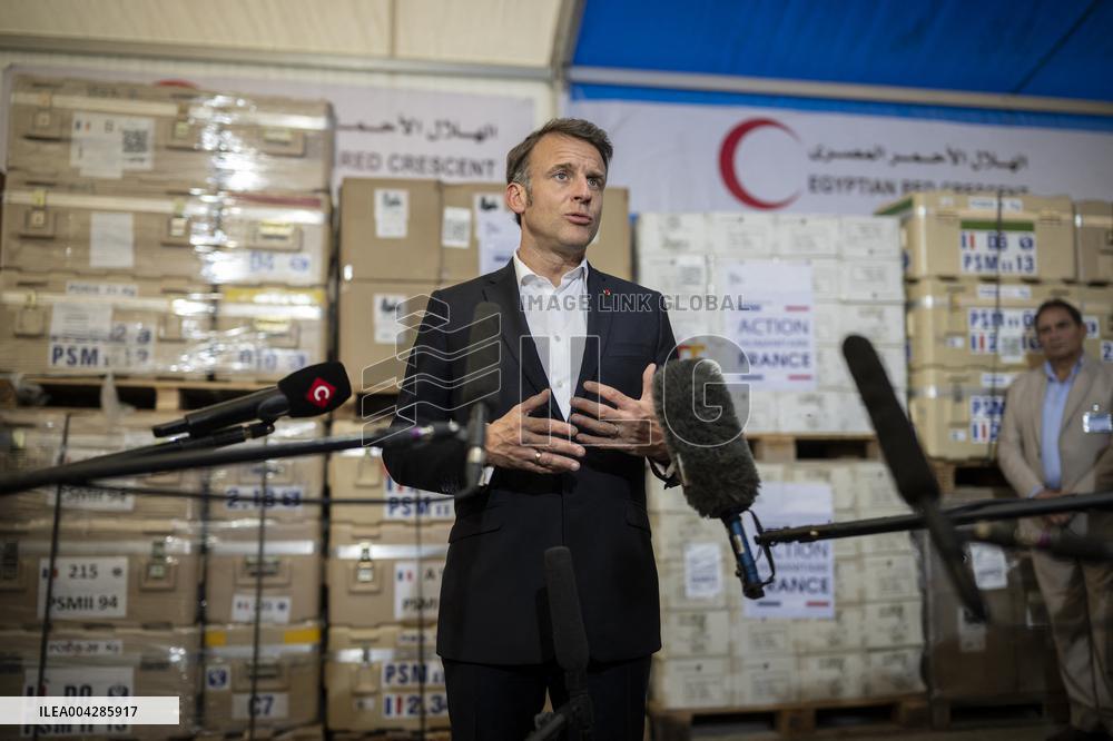 Macron talks to the media during a visit at Egyptian Red Crescent - Egypt