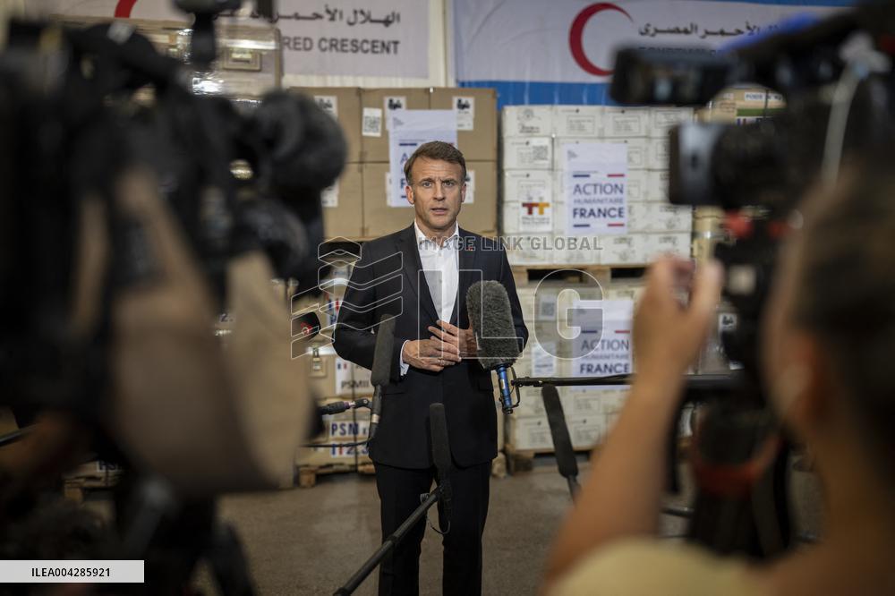 Macron talks to the media during a visit at Egyptian Red Crescent - Egypt