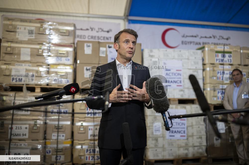 Macron talks to the media during a visit at Egyptian Red Crescent - Egypt