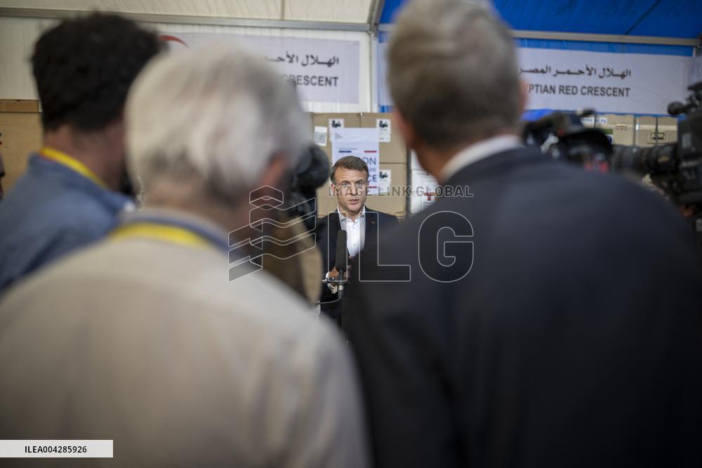 Macron talks to the media during a visit at Egyptian Red Crescent - Egypt