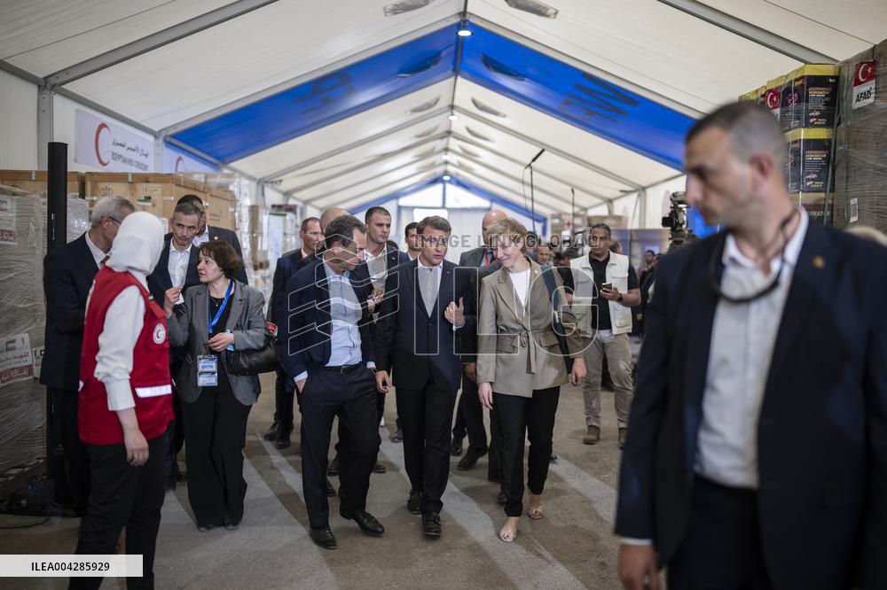 Macron talks to the media during a visit at Egyptian Red Crescent - Egypt