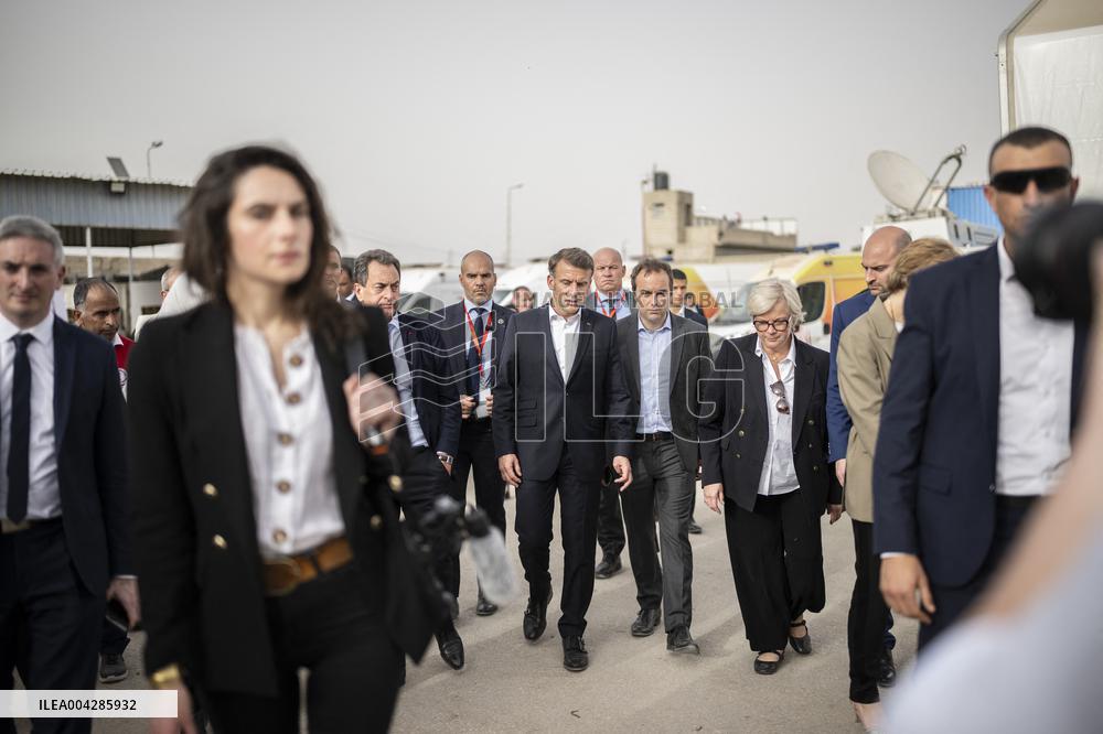 Macron talks to the media during a visit at Egyptian Red Crescent - Egypt