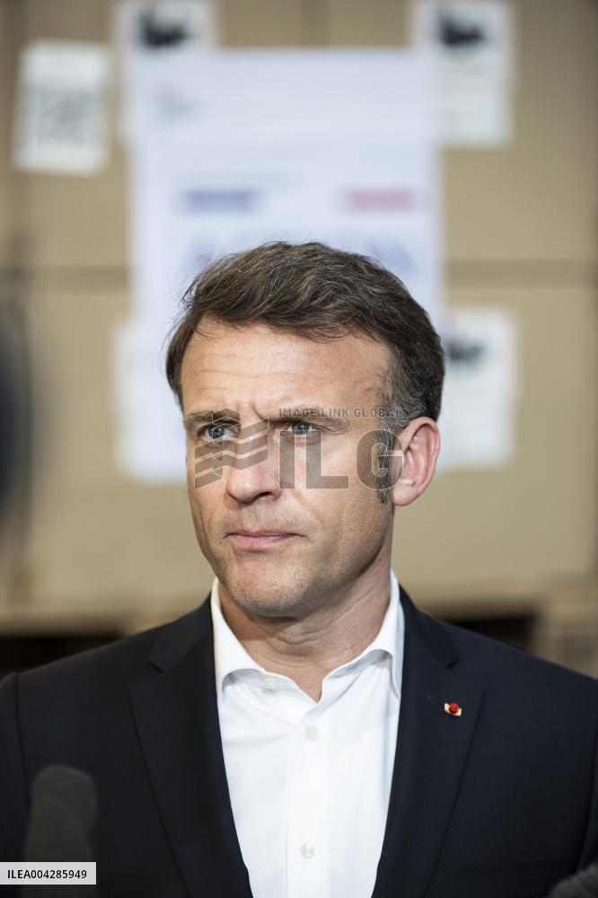 Macron talks to the media during a visit at Egyptian Red Crescent - Egypt