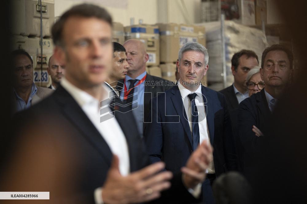 Macron talks to the media during a visit at Egyptian Red Crescent - Egypt