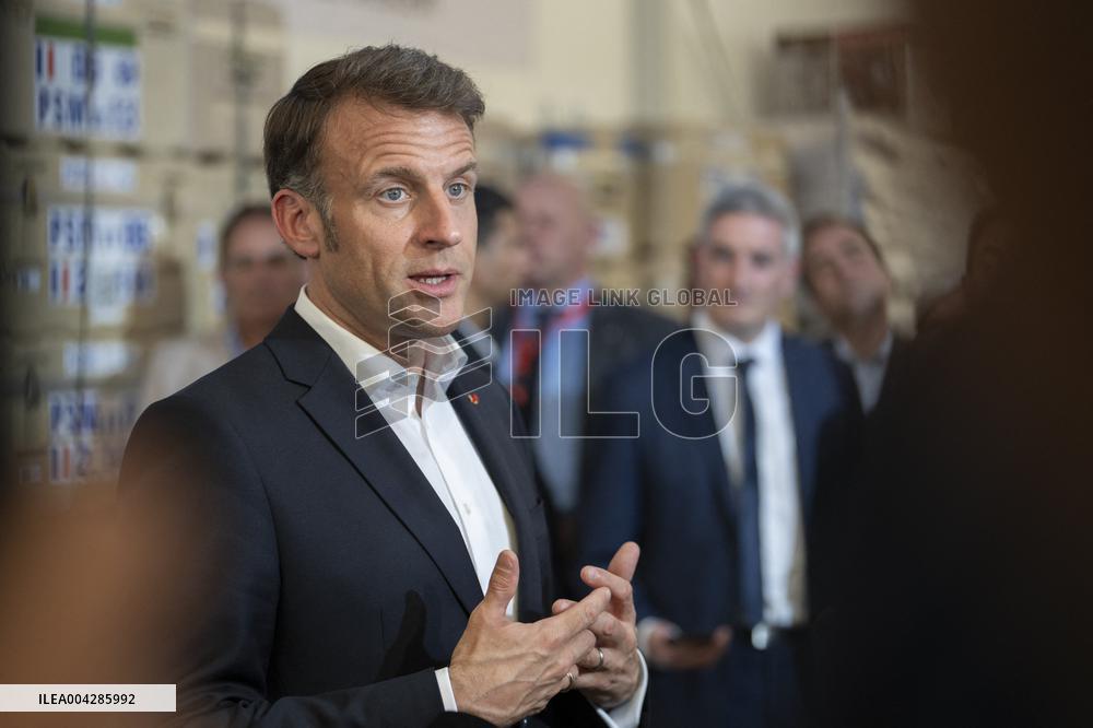 Macron talks to the media during a visit at Egyptian Red Crescent - Egypt