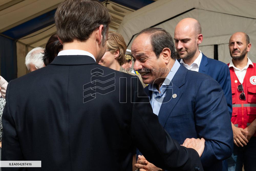 Presidents Macron And Sissi Visit To Red Crescent Logistics Center - El Arish