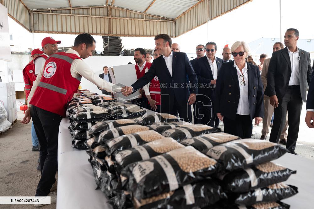 Presidents Macron And Sissi Visit To Red Crescent Logistics Center - El Arish