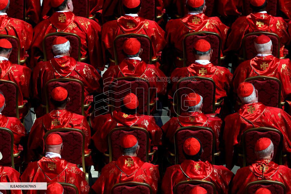 Cardinal Red Stands Out in the Square During Pope Francis Funeral - Vatican