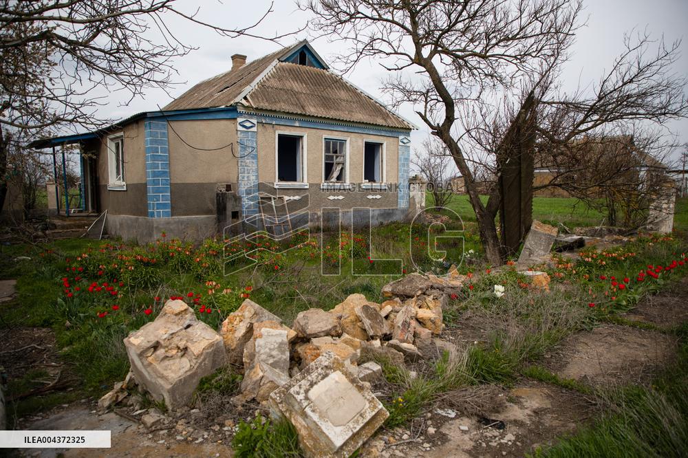 Aftermath of Russian occupation of Maksymivka village in Mykolaiv region