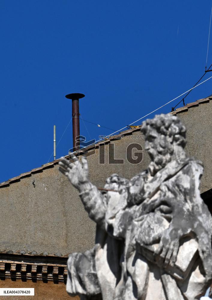Firefighters Install Chimney On The Sistine Chapel For Papal Election - Vatican