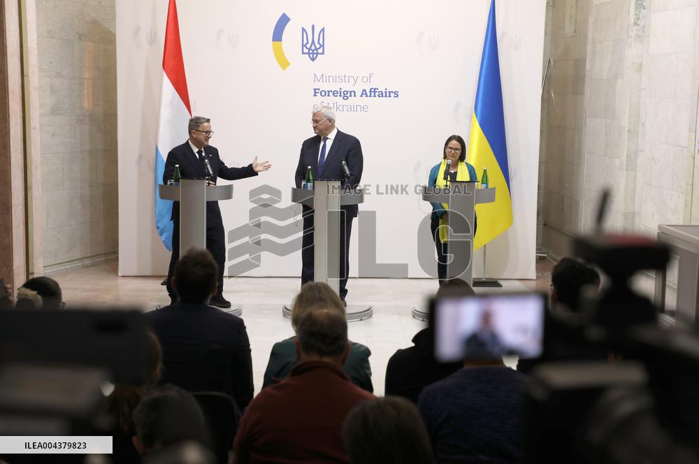 Press conference of Andrii Sybiha, Xavier Bettel and Yuriko Backes in Kyiv