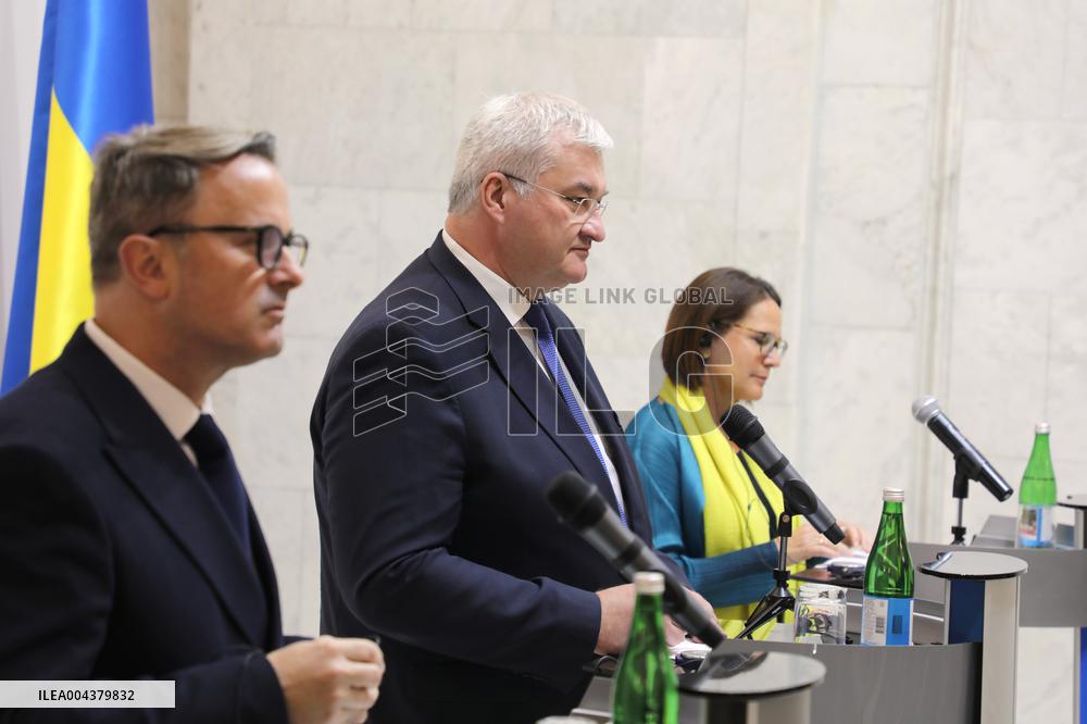 Press conference of Andrii Sybiha, Xavier Bettel and Yuriko Backes in Kyiv