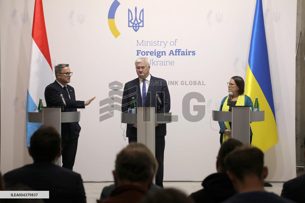 Press conference of Andrii Sybiha, Xavier Bettel and Yuriko Backes in Kyiv