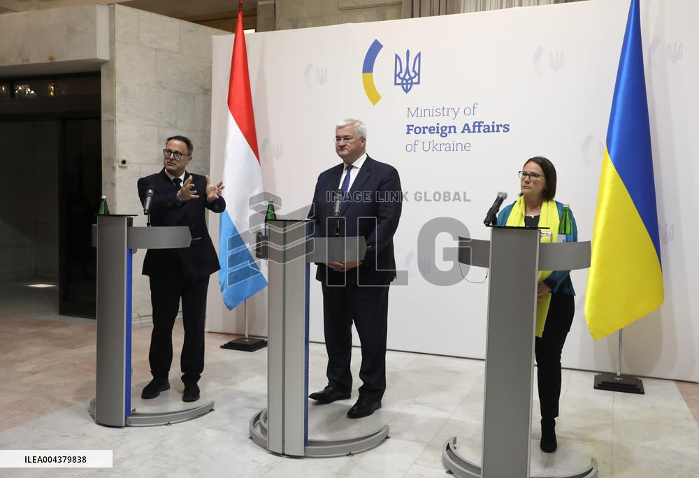 Press conference of Andrii Sybiha, Xavier Bettel and Yuriko Backes in Kyiv