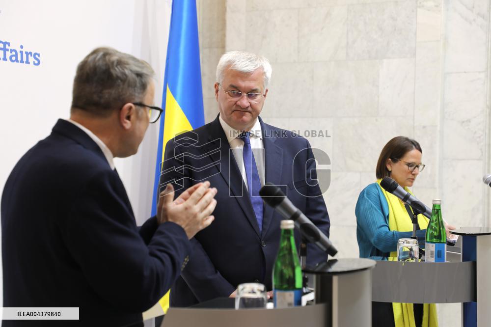 Press conference of Andrii Sybiha, Xavier Bettel and Yuriko Backes in Kyiv