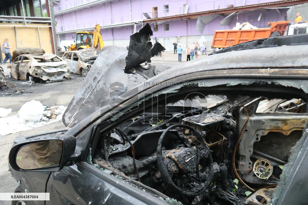 Shopping center, supermarket and residential building damaged by shelling in Kyiv