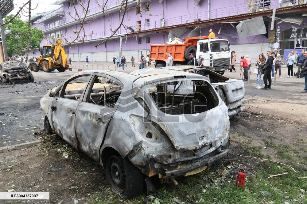Shopping center, supermarket and residential building damaged by shelling in Kyiv