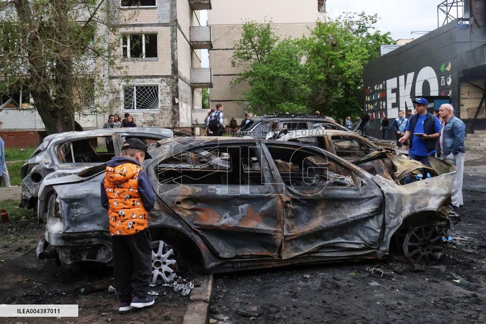 Shopping center, supermarket and residential building damaged by shelling in Kyiv