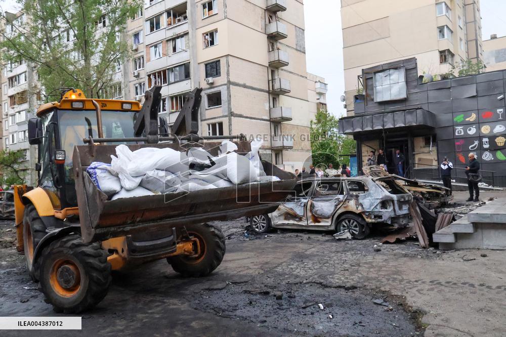 Shopping center, supermarket and residential building damaged by shelling in Kyiv