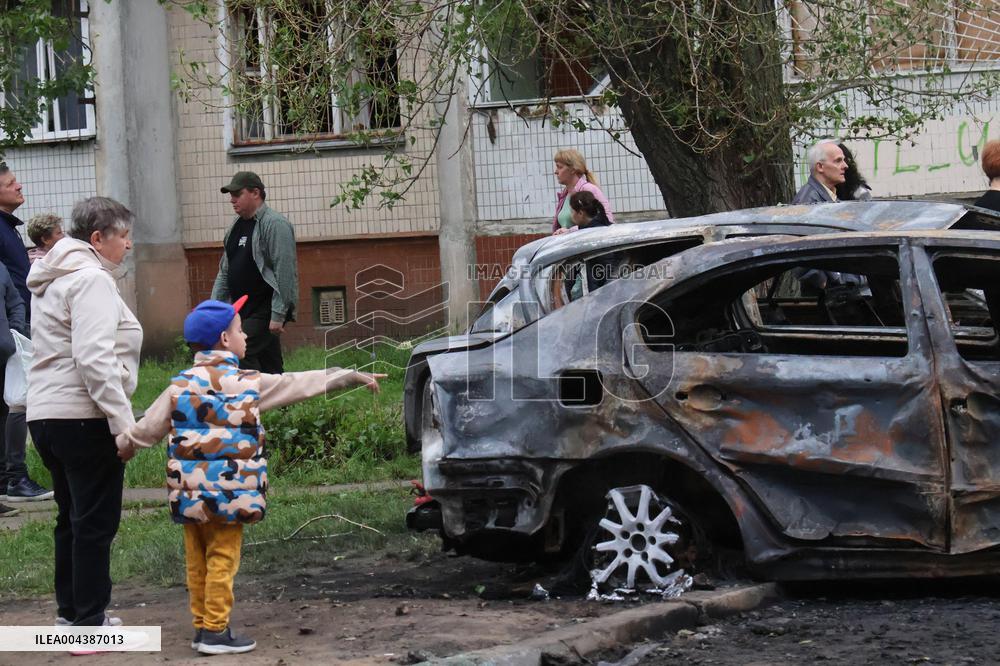 Shopping center, supermarket and residential building damaged by shelling in Kyiv
