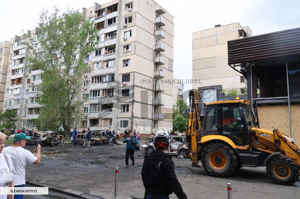 Shopping center, supermarket and residential building damaged by shelling in Kyiv