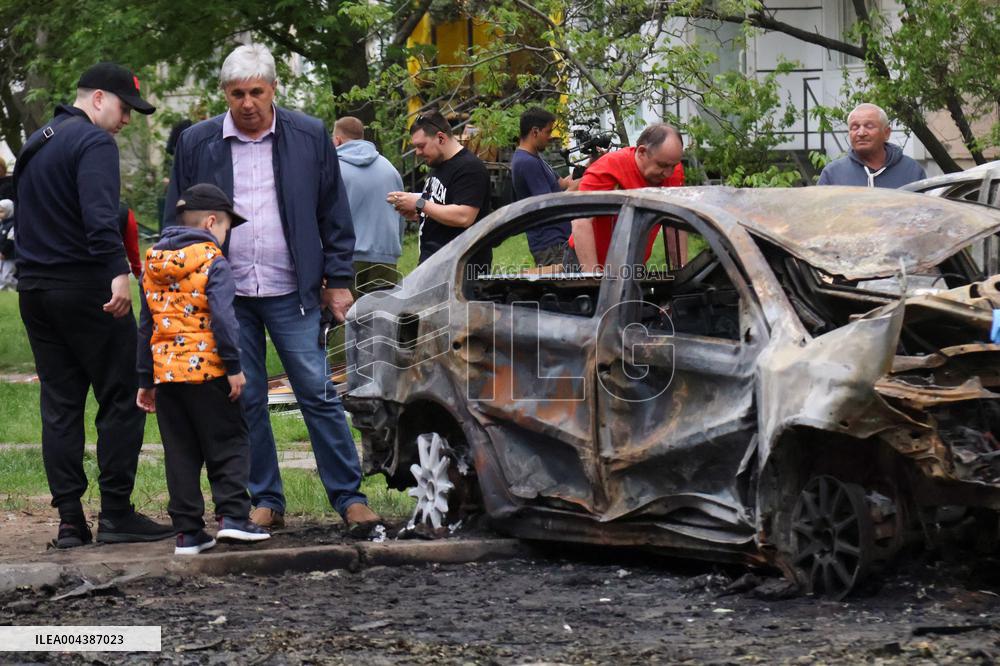 Shopping center, supermarket and residential building damaged by shelling in Kyiv