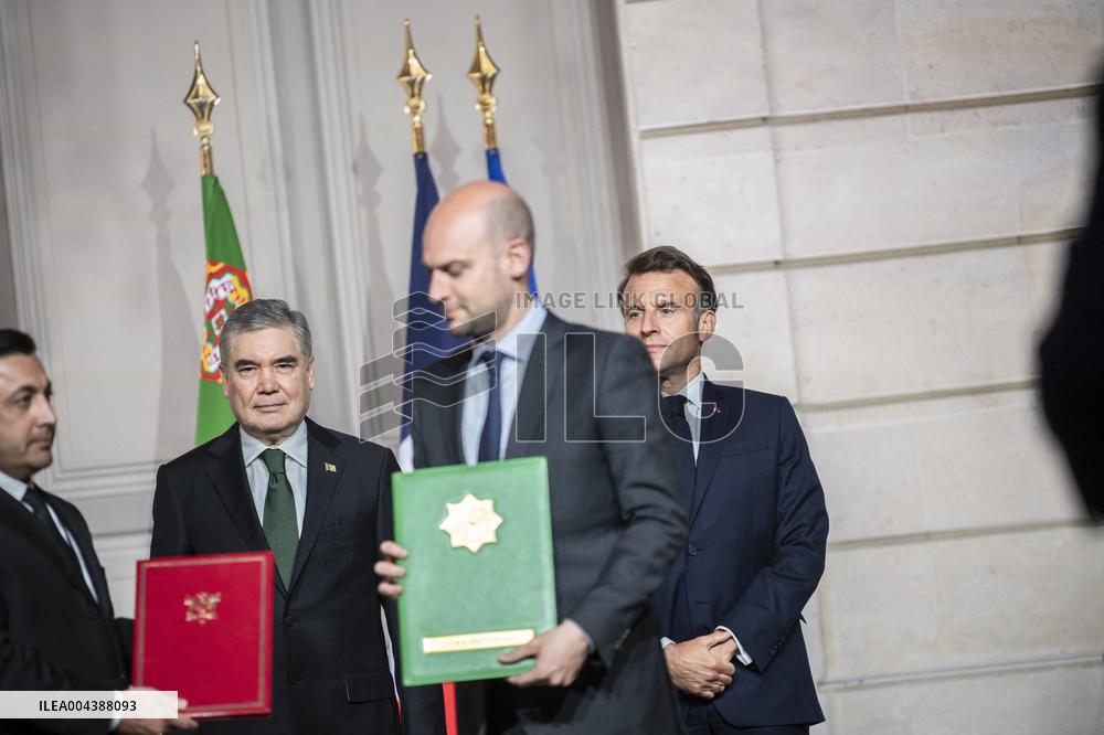 Macron And Berdimuhamedow Attend Agreement Ceremony At Elysee - Paris