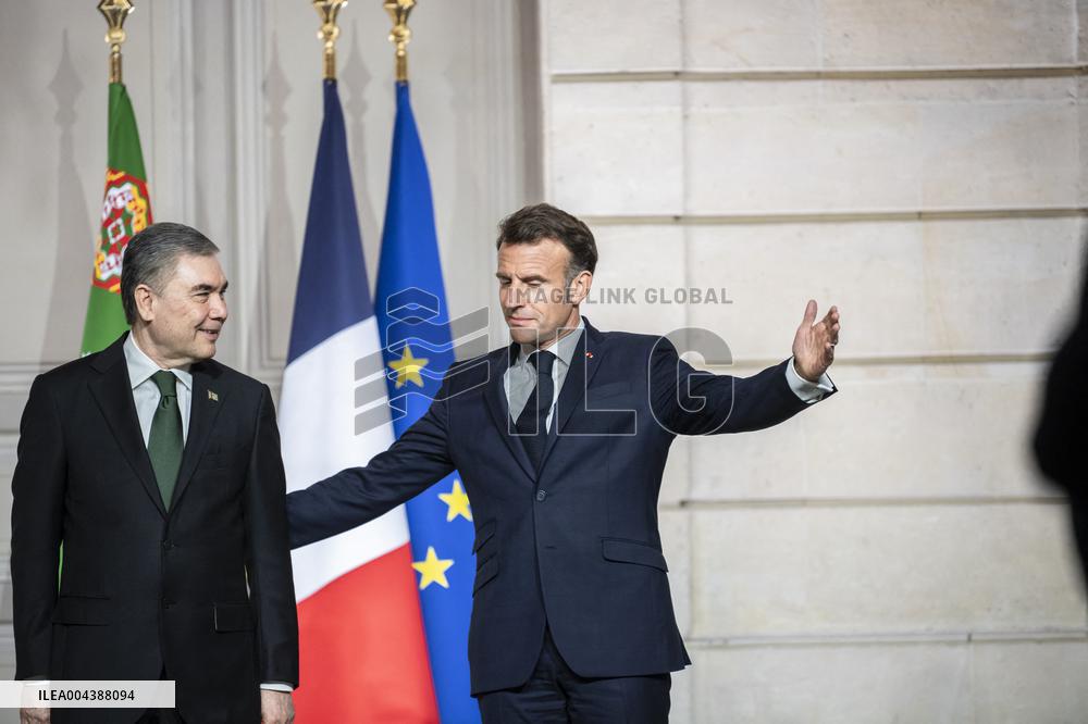 Macron And Berdimuhamedow Attend Agreement Ceremony At Elysee - Paris