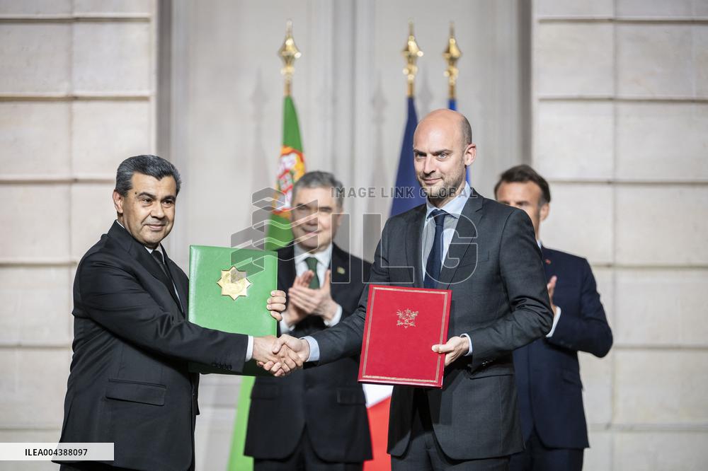 Macron And Berdimuhamedow Attend Agreement Ceremony At Elysee - Paris