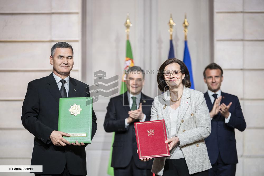 Macron And Berdimuhamedow Attend Agreement Ceremony At Elysee - Paris