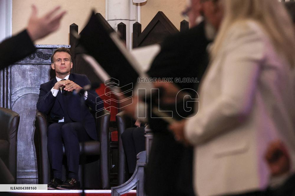 President Macron Delivers A Speech At The Grande Loge Of France - Paris
