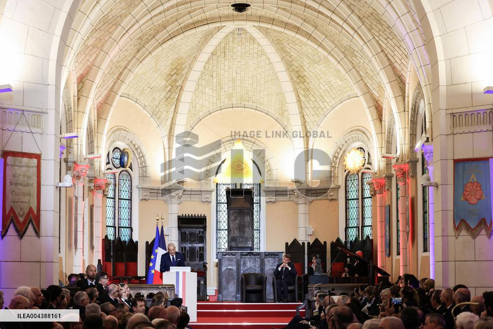 President Macron Delivers A Speech At The Grande Loge Of France - Paris