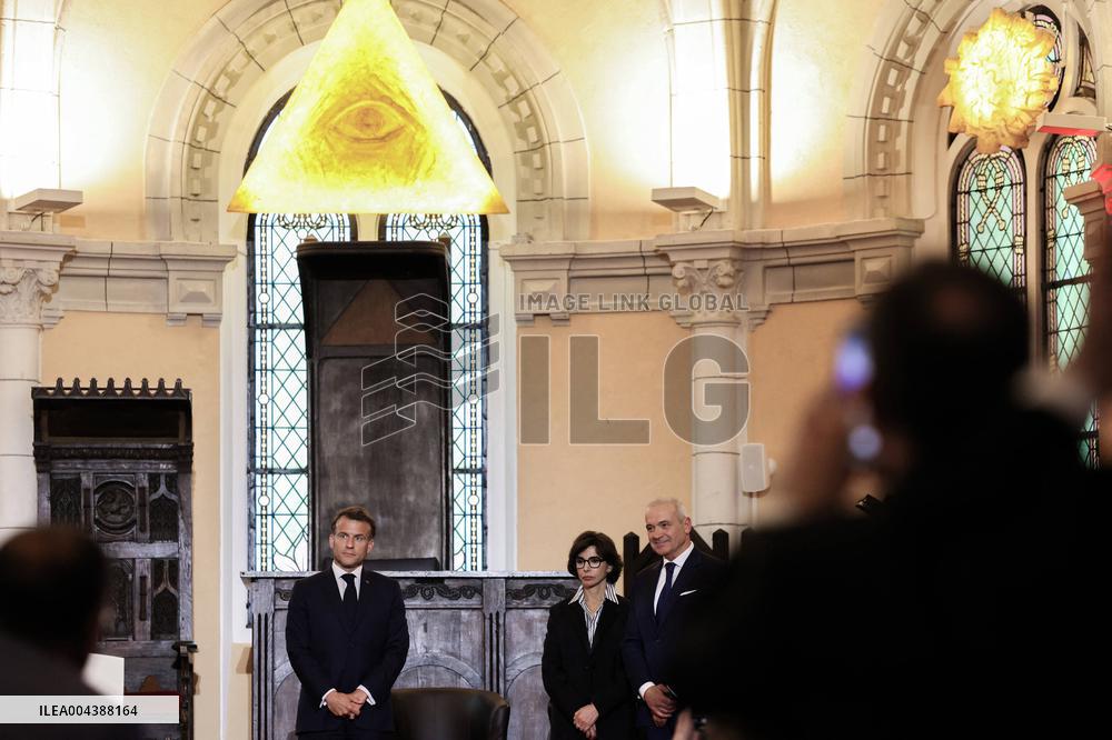 President Macron Delivers A Speech At The Grande Loge Of France - Paris