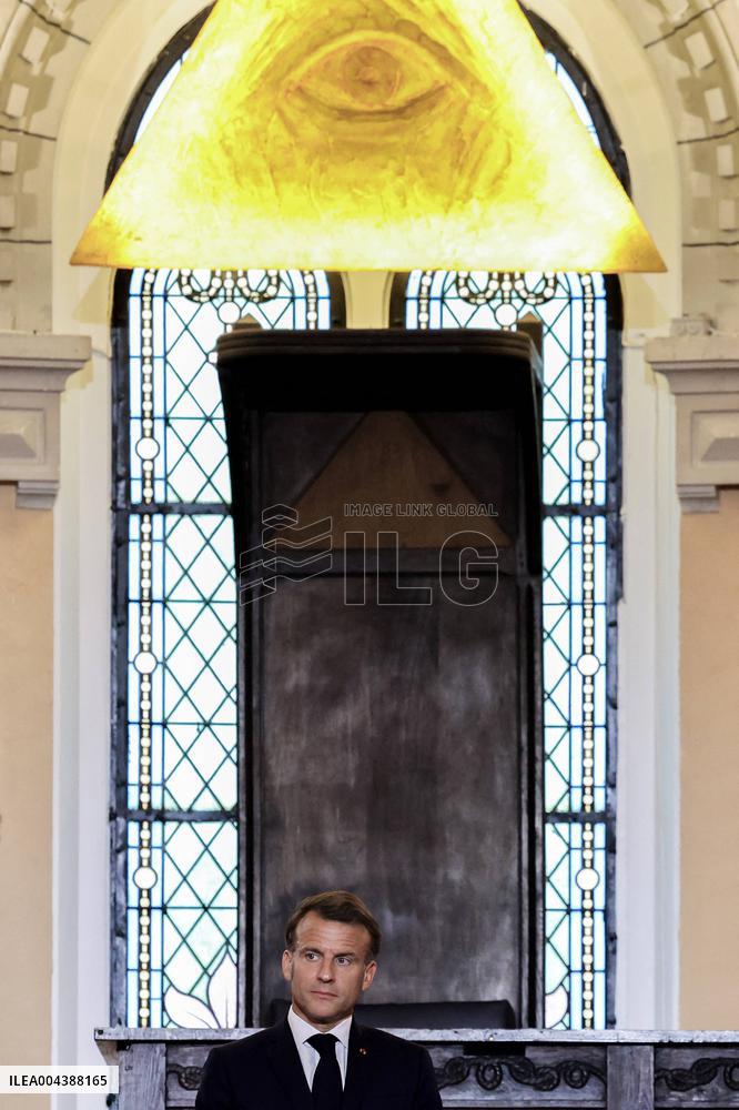 President Macron Delivers A Speech At The Grande Loge Of France - Paris