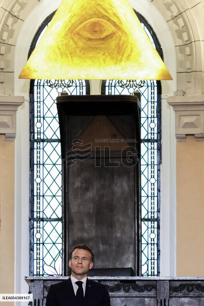 President Macron Delivers A Speech At The Grande Loge Of France - Paris