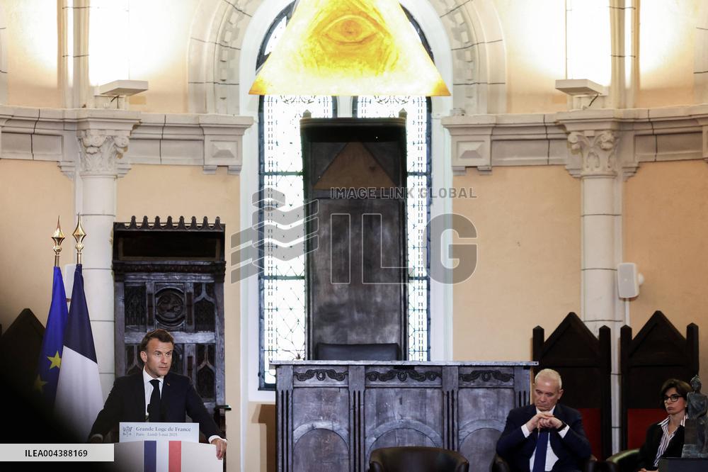 President Macron Delivers A Speech At The Grande Loge Of France - Paris