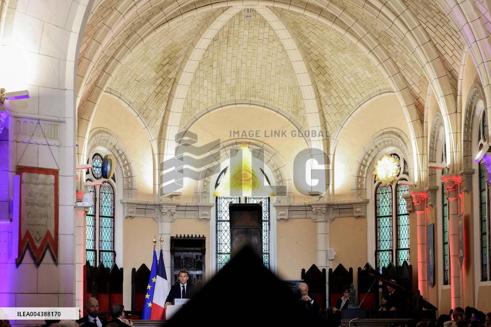 President Macron Delivers A Speech At The Grande Loge Of France - Paris