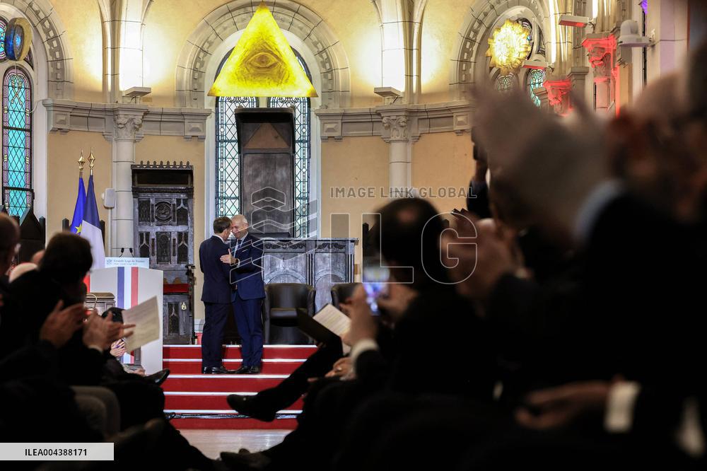 President Macron Delivers A Speech At The Grande Loge Of France - Paris