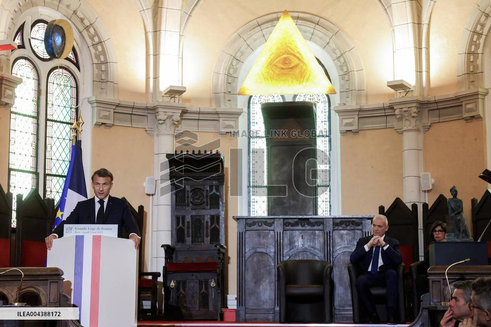 President Macron Delivers A Speech At The Grande Loge Of France - Paris