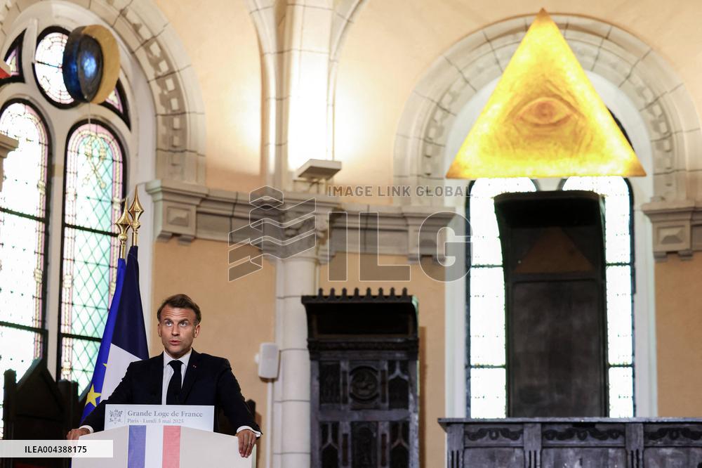 President Macron Delivers A Speech At The Grande Loge Of France - Paris