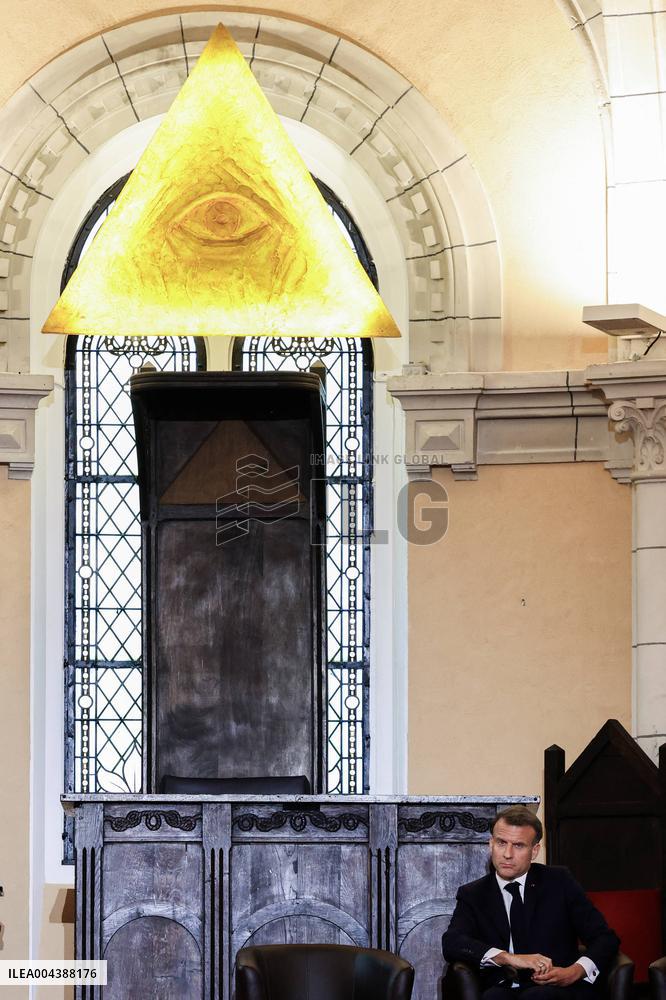 President Macron Delivers A Speech At The Grande Loge Of France - Paris