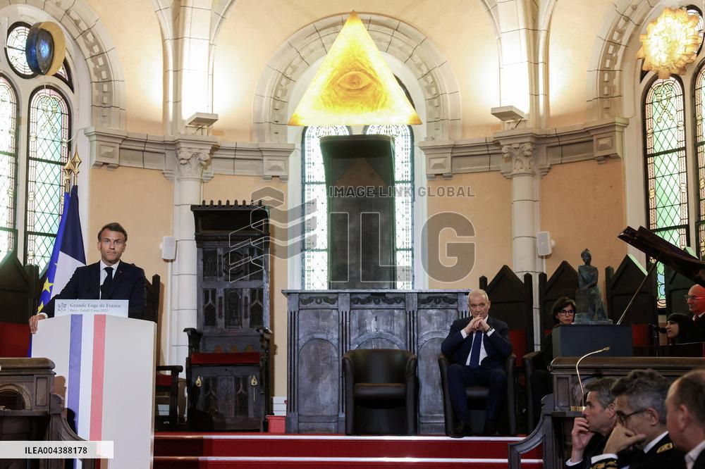 President Macron Delivers A Speech At The Grande Loge Of France - Paris