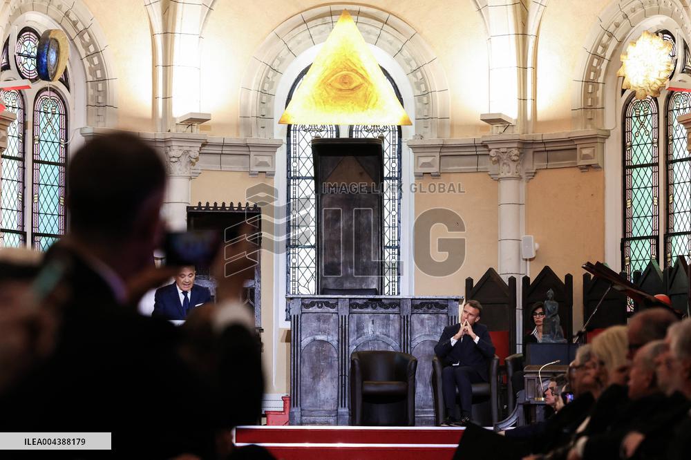 President Macron Delivers A Speech At The Grande Loge Of France - Paris